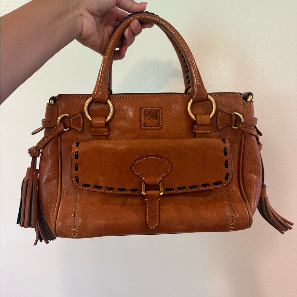 Vintage Dooney & Bourke Cognac Leather Satchel with Tassel Accents